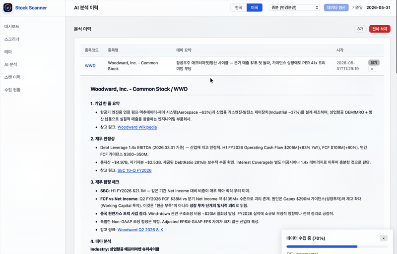 종목별 AI 조사 결과가 펼쳐진 AI 분석 이력 화면